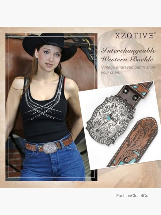 Vintage Engraved Tooled Leather Belt with Interchangeable Western Buckle